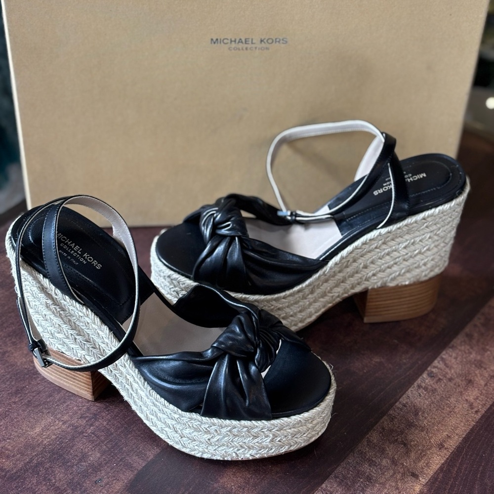 Michael Kors Knotted Leather Espadrille Wedge Sandals - Picture 8 of 13